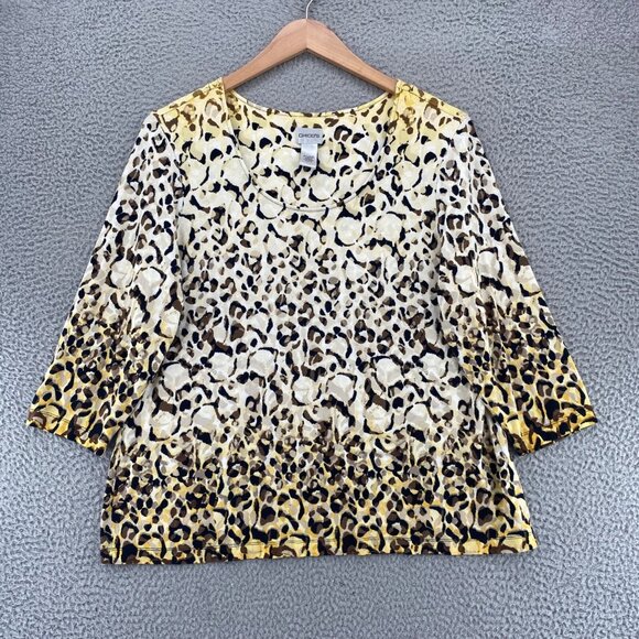 Chicos Top Womens 3 US Extra Large Yellow Brown Animal Print 3/4 Sleeve Pullover - Picture 10 of 11